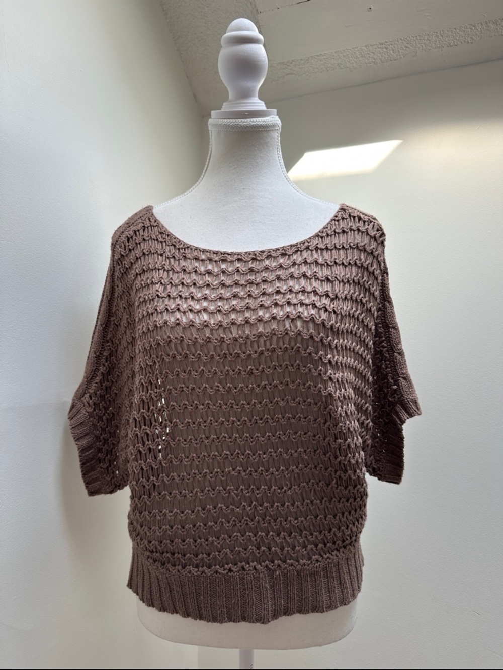 COSTA BLANCA Brown‎ Open Knit Cottagecore Boho Short Sleeve Top Size Medium